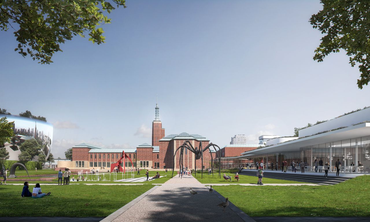 Artist-impression van de achterzijde van het toekomstige Museum Boijmans van Beuningen, met rechts de beoogde aanbouw door architectenbureau Mecanoo. Links in beeld is het nieuwe Depot.