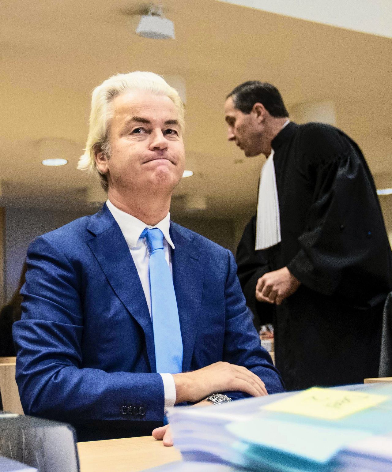 Geert Wilders tijdens de rechtszaak wegens zijn ‘minder Marokkanen’-uitspraak.