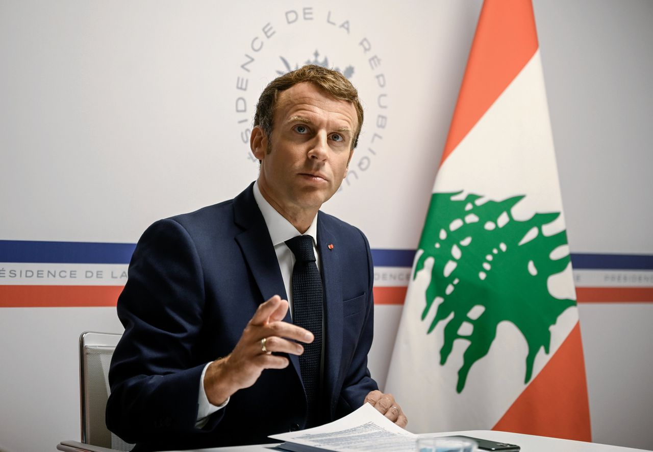 De Franse president Emmanuel Macron bij de donorconferentie.