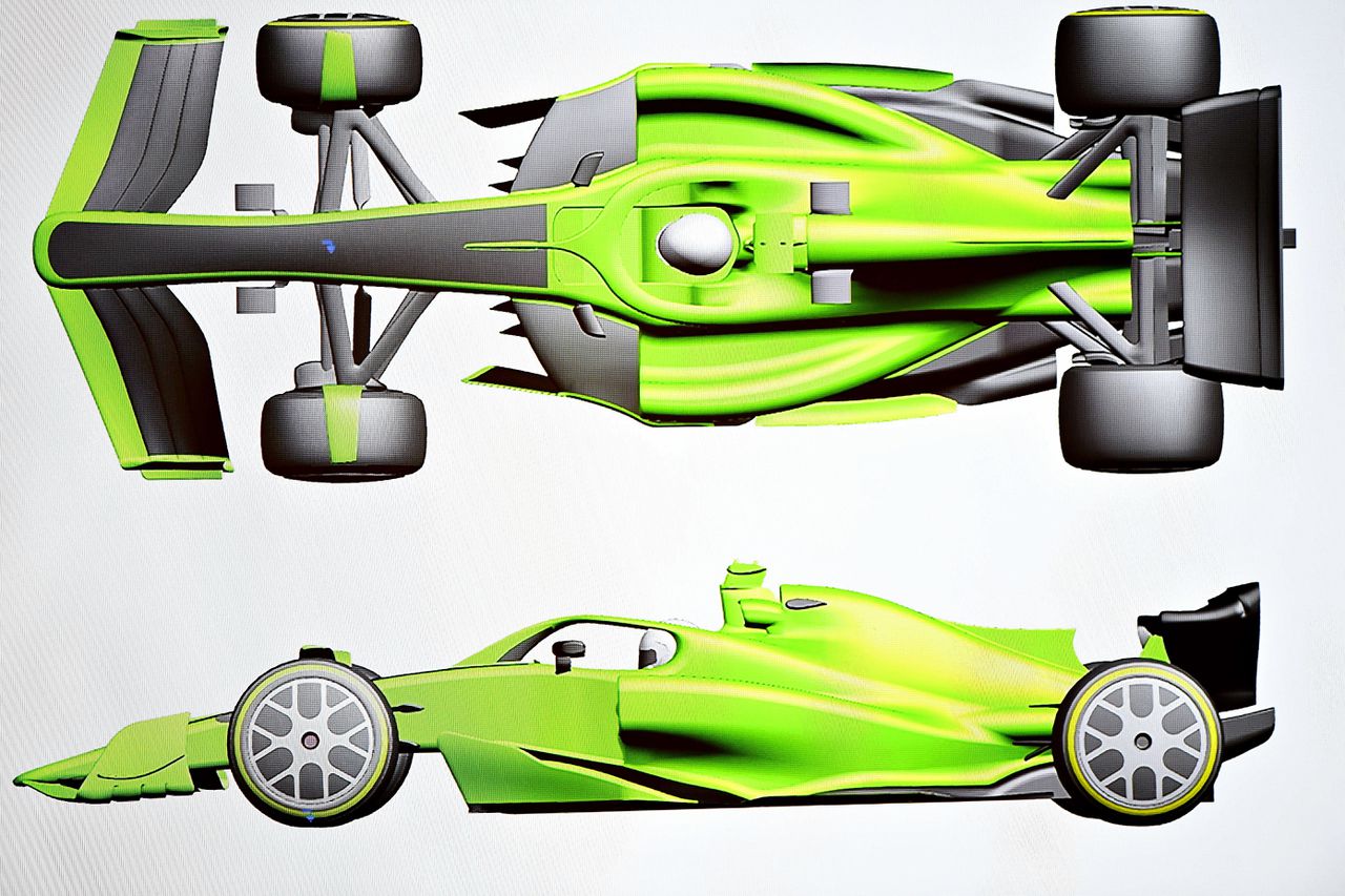 Een render van de nieuwe Formule 1-auto per 2021, zoals die werd getoond tijdens de presentatie in Austin.