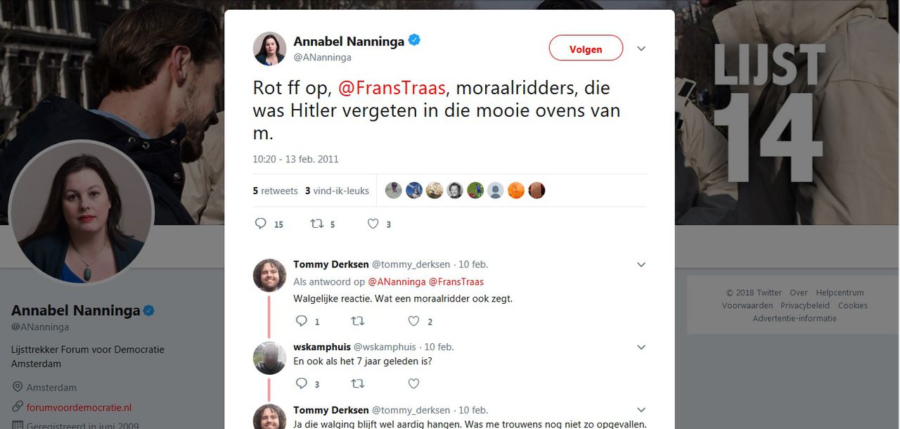 Een tweet van Annabel Nanninga (Forum voor Democratie) op 13 februari 2011