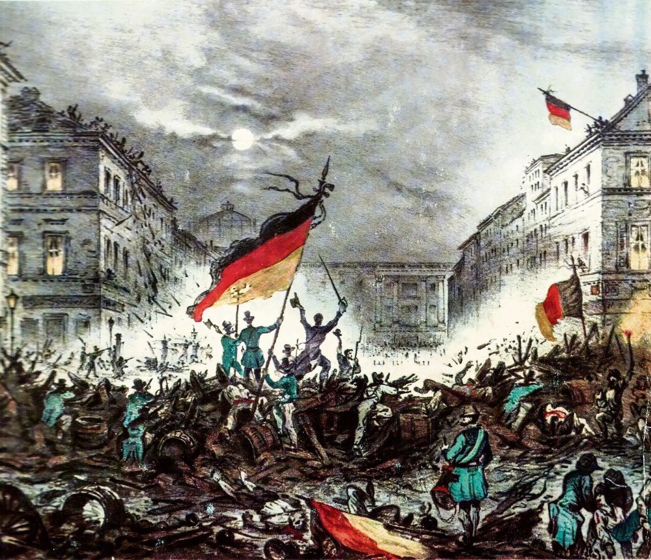 Berlijn, maart 1848. Net als elders in Europa wierpen burgers barricades op om te ageren tegen een autoritair vorstenregime.