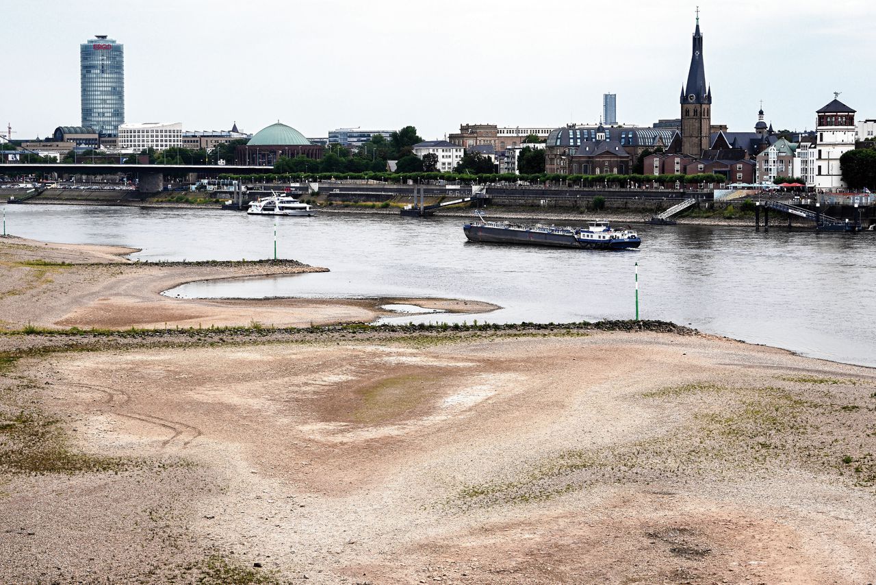 Laag water door aanhoudende droogte bij de Rijn in Düsseldorf in juli.