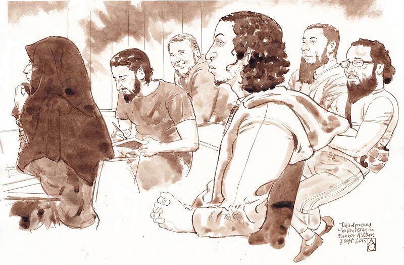 Rechtbanktekening van de verdachte (van links naar rechts) Iman B., Azzedine C., Rudolf H., Oussama C., Jordi de J. en Moussa L. tijdens het Haagse jihadproces.