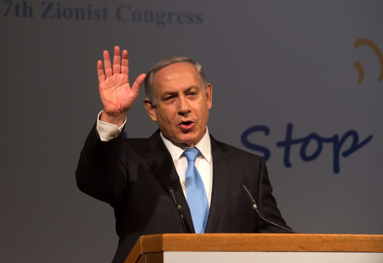 Netanyahu tijdens zijn toespraak voor het Zionistische Congres.