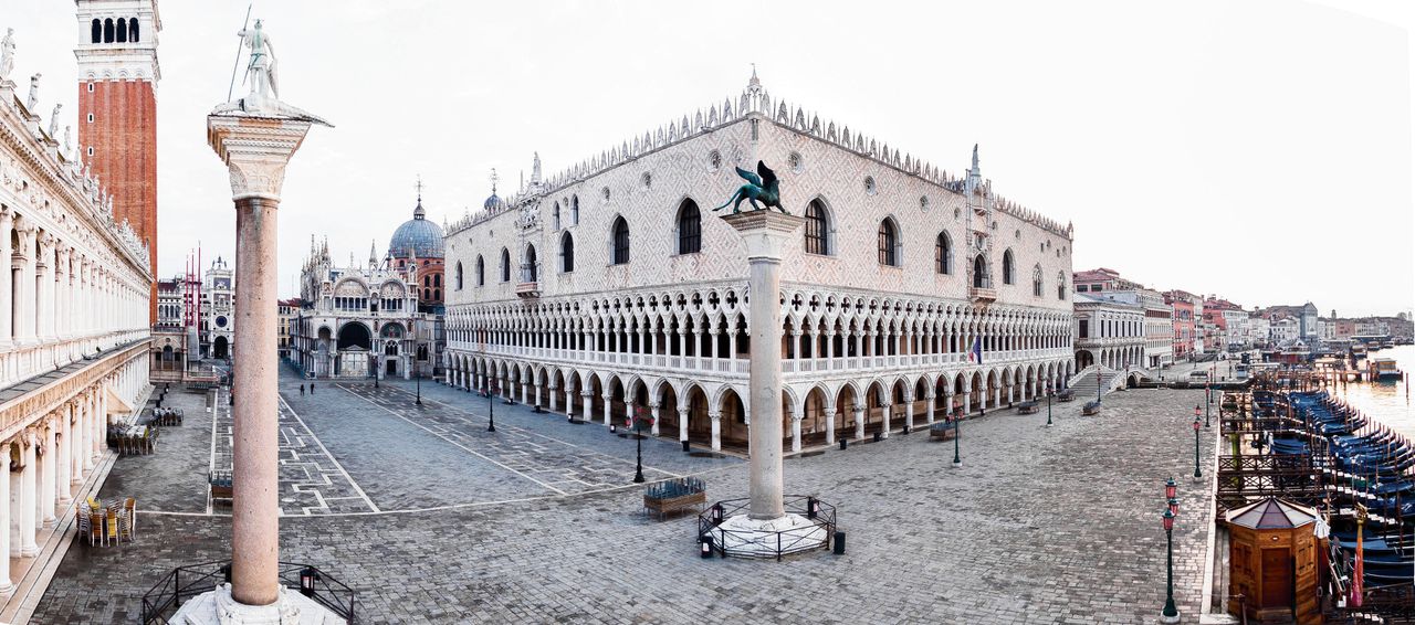 Het nagenoeg verlaten San Marco-plein in Venetië in april, toen in Italië een vrijwel volledige lockdown van kracht was.