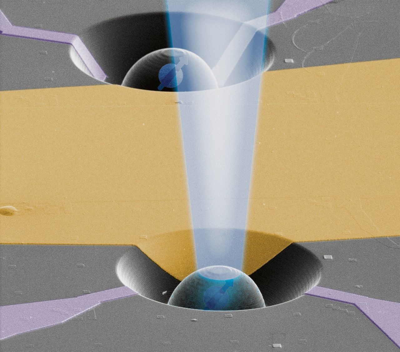 Elektronenmicroscoopafbeelding van diamant met uitgesneden lensje rondom qubit, met fictieve laserstraal. In werkelijkheid is de opstelling 0,04 millimeter breed.