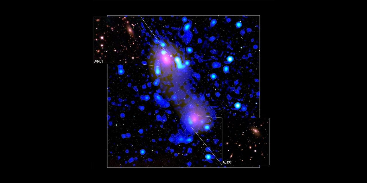Sterrenstelselclusters Abell 0399 en Abell 0401 worden verbonden door een gasbrug, op 1 miljard lichtjaar vanaf aarde.