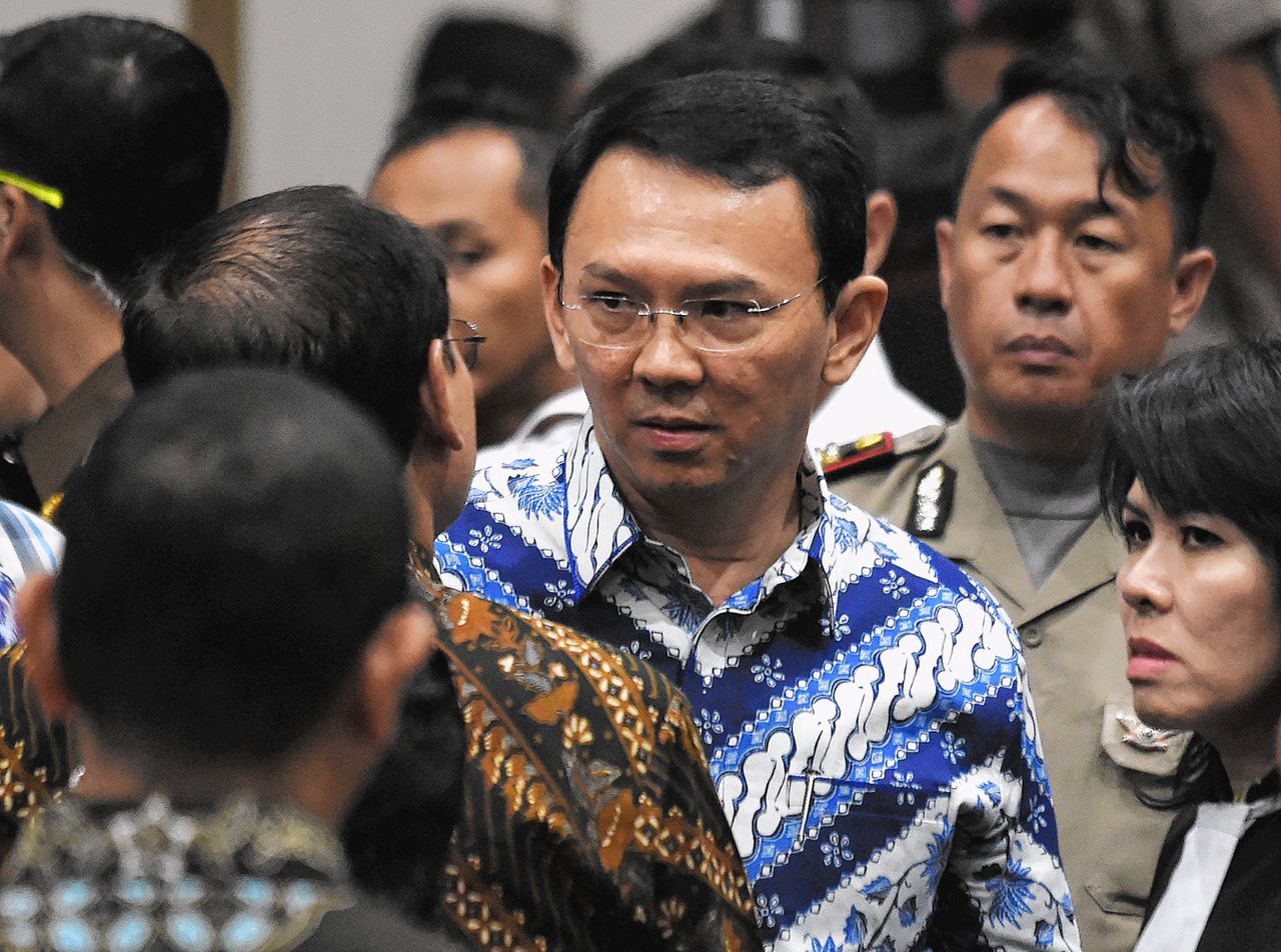 Gouverneur Basuki Tjahaja ‘Ahok’ Purnama vandaag bij zijn proces in Jakarta.