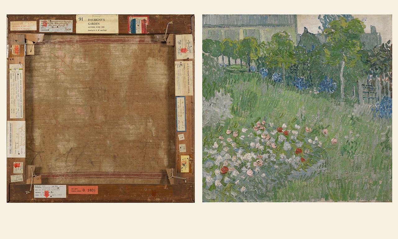 Achter- en voorkant van Vincent van Goghs schilderij ‘De tuin van Daubigny’ (juni 1890, olieverf op doek, 51 x 51,2 cm).