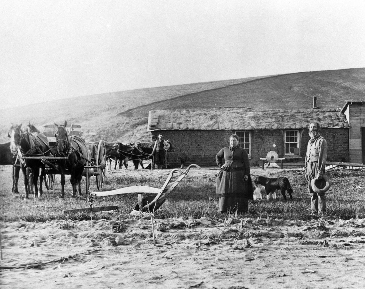 Een pioniersfamilie in Custer County, Nebraska, mid 19de eeuw.