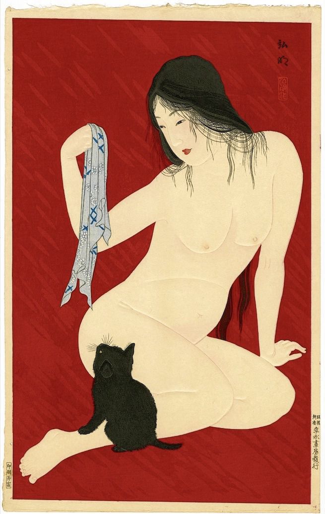 Takahashi Shōtei, Naakte vrouw speelt met kat, circa 1927-1930.