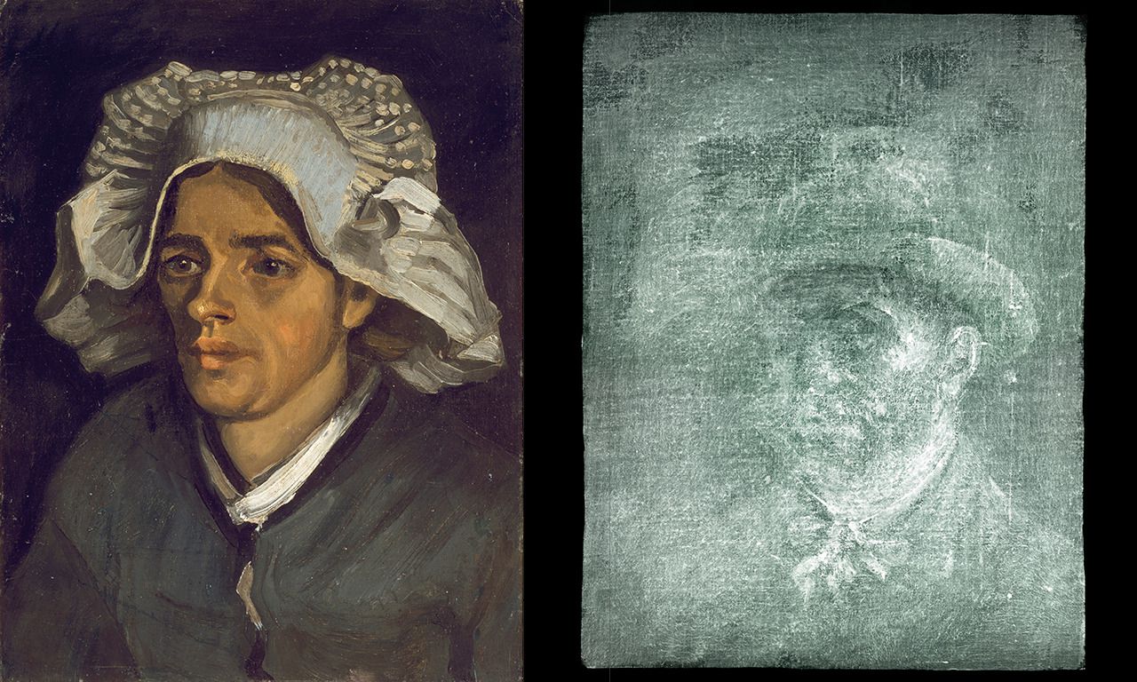 Links het bestaande schilderij ‘Hoofd van een boerin met witte muts’ van Van Gogh, uit 1885. Rechts het nieuw ontdekte zelfportret op de achterkant van het bestaande schilderij, vermoedelijk uit 1887.