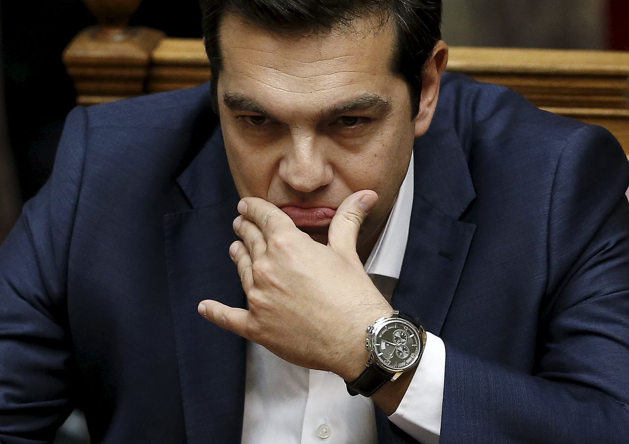 De Griekse premier Alexis Tsipras tijdens zijn speech voor het parlement.