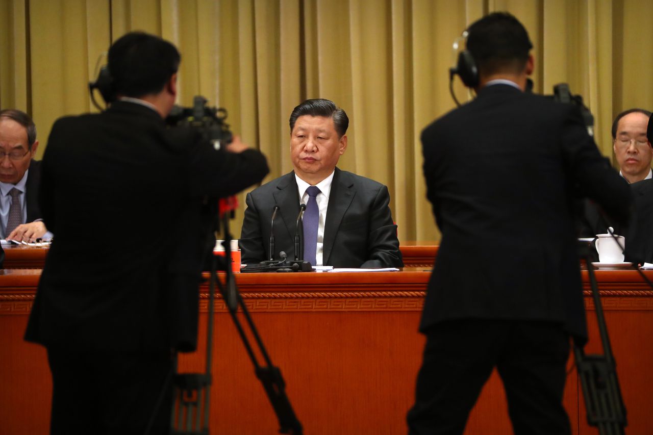 De Chinese president Xi Jinping tijdens de toespraak over Taiwan.