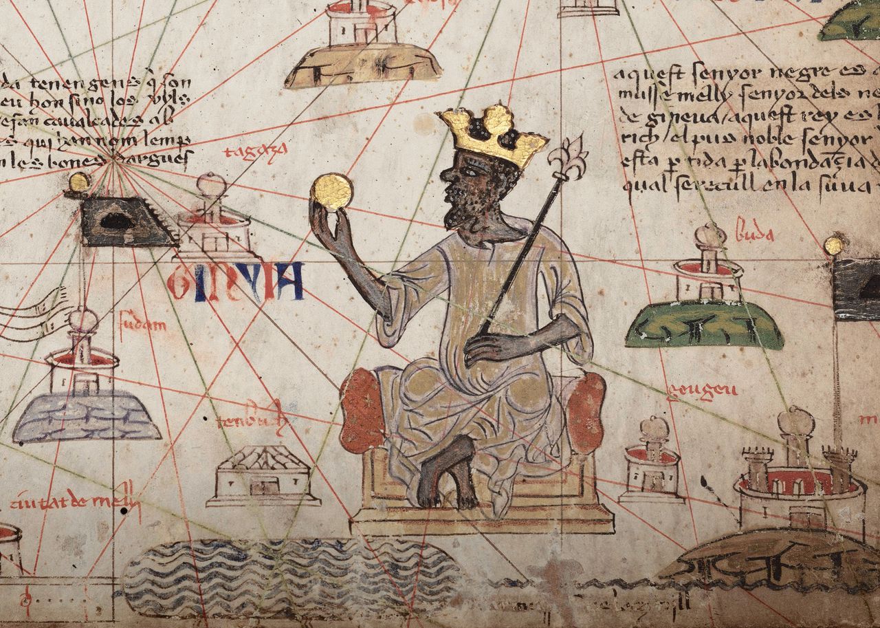 Mansa Musa, koning van Mali tussen 1312 en 1337, afgebeeld in de Catalaanse Atlas uit 1375. Zijn rijkdom was legendarisch. Naar verluidt schonk Moussa tijdens zijn bedevaart naar Mekka in 1324 zoveel goud aan armen, dat de goudmarkt pas na jaren herstelde.