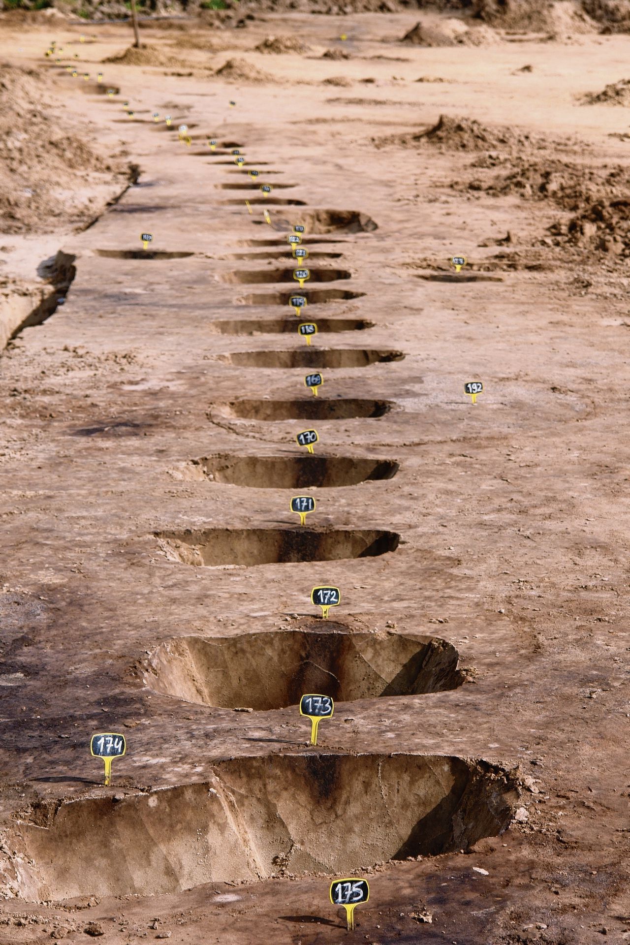 Opgraving Hoofddijk, Utrecht. Links: paalsporen van een neolithisch hek (ca. 2800 v. Chr.). Boven: 2.000 jaar oud houten idool en (onder) offerpotje. Geheel onder: neolithische waterkuil.