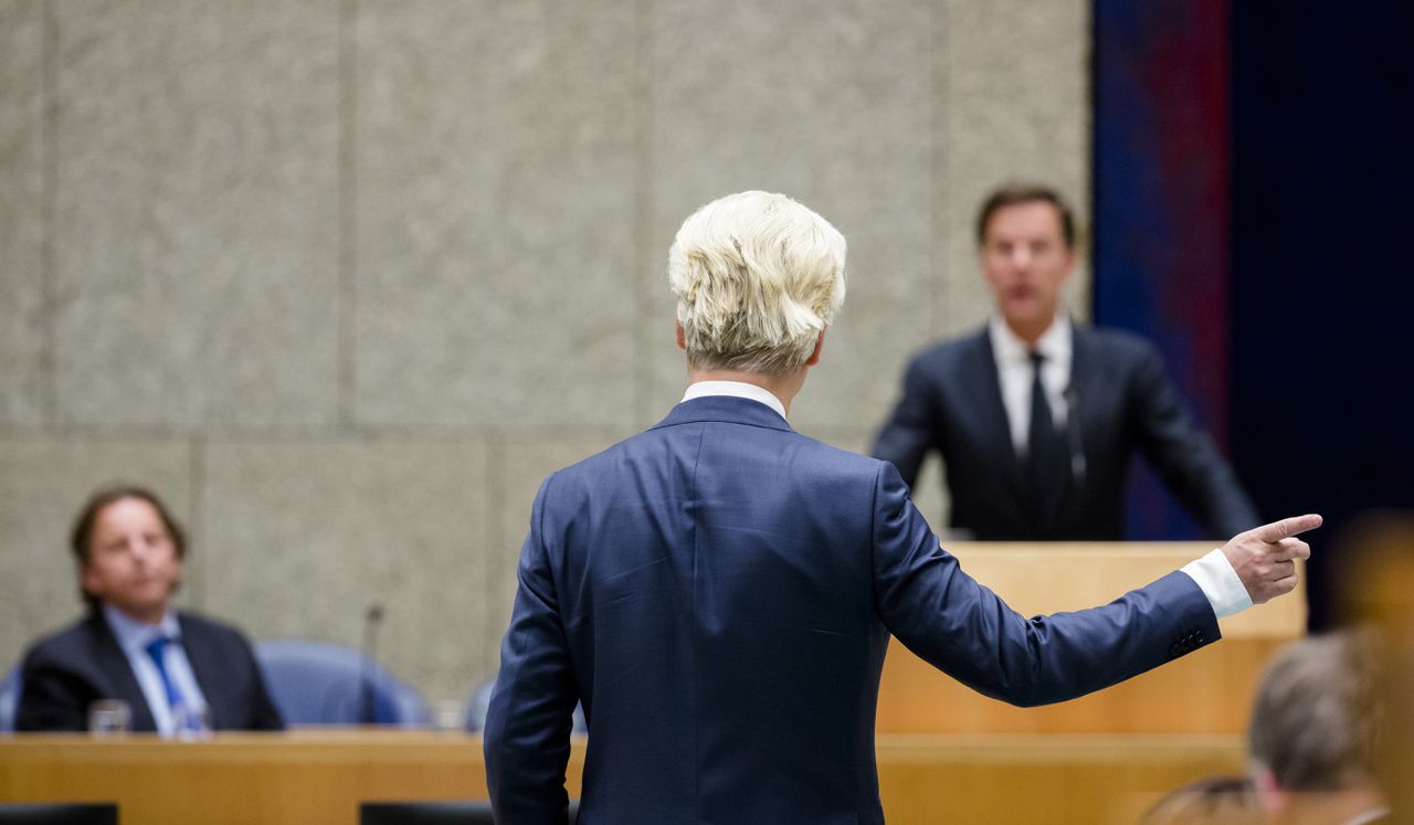 Premier Mark Rutte, PVV-fractievoorzitter Geert Wilders en Minister Bert Koenders van Buitenlandse Zaken tijdens het debat.