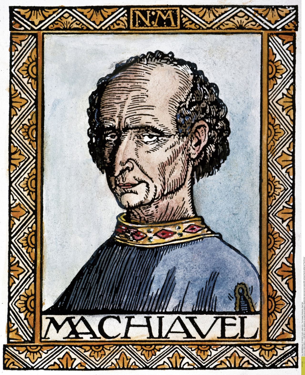Houtsnede van Machiavelli door Louis Jou, begin twintigste eeuw.