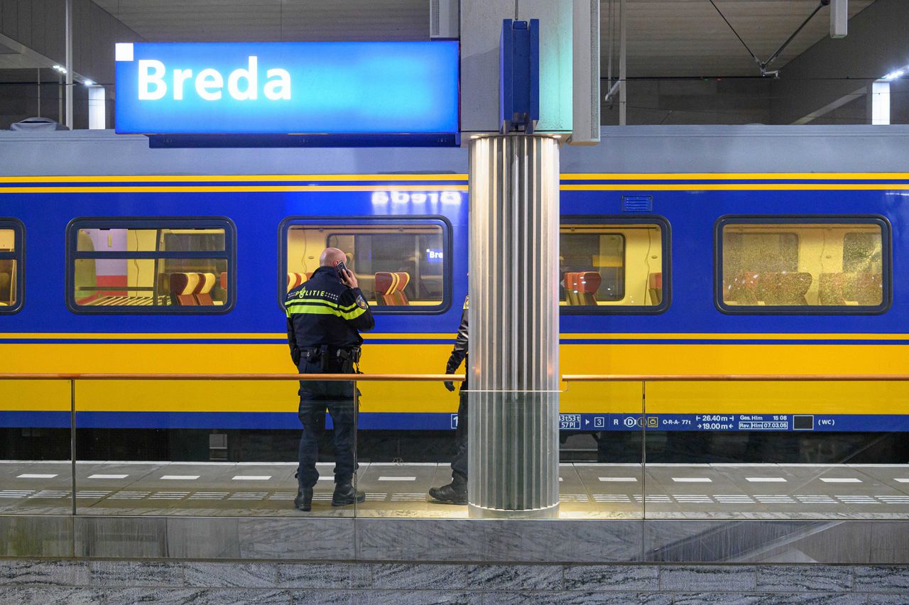 Een trein met een kapot geschoten ruit staat vrijdagavond op station Breda.