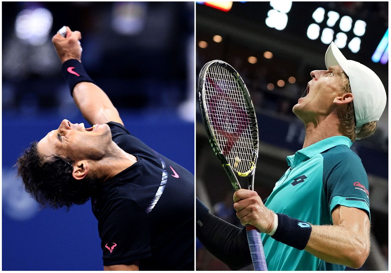 Rafael Nadal (l) en Kevin Anderson (r) vieren hun zeges in de halve finale van de US Open.