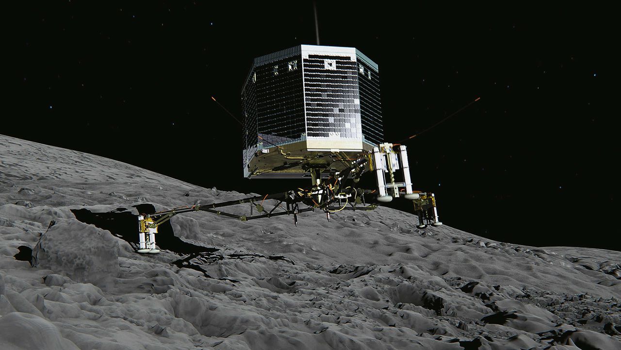 Tekening van de module Philae, die zich met een boor op de komeet zal vastprikken. Beeld ESA, AFP