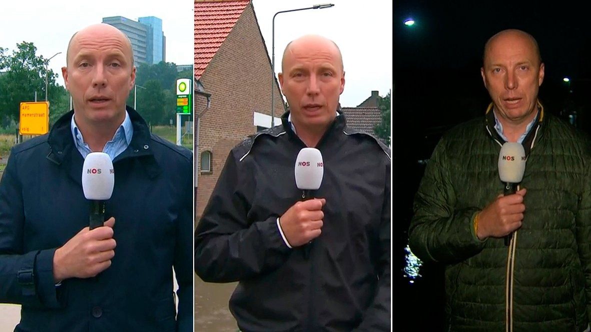 Verslaggever Martijn Bink stond de hele dag in het Limburgse noodweer voor de NOS, steeds in een andere regenjas.
