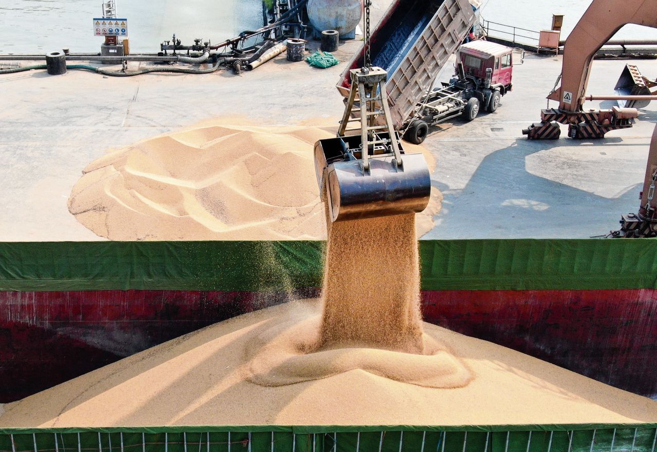 De Chinese import van sojabonen uit de VS is drastisch verminderd sinds de handelsoorlog. Hier worden bonen uit Oekraïne overgeladen in Nantong.