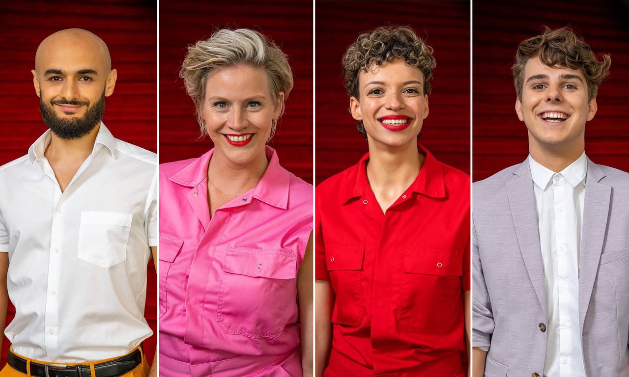De finalisten van tv-programma ‘Ik ga stuk!’. V.l.n.r.: Farbod Moghaddam, Maya van As, Brigitte van Bakel, en Gavin Reijnders.