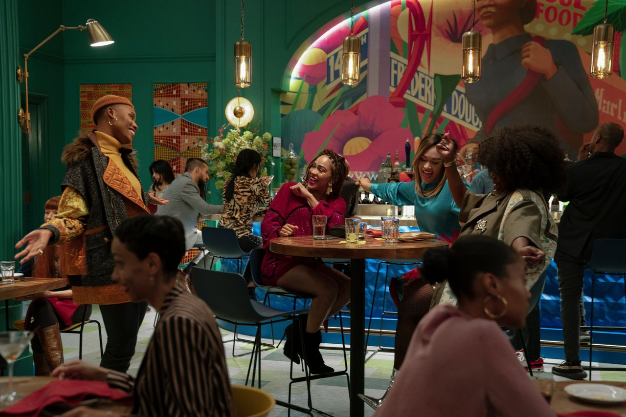 Jerrie Johnson, Meagan Good, Grace Byers en Shoniqua Shandai in de serie ‘Harlem’.