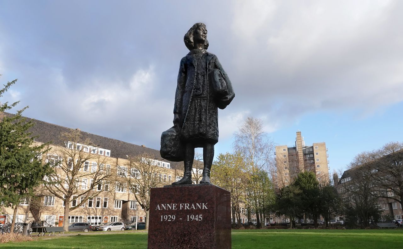 Standbeeld van Anne Frank beklad: handen rood geverfd en 'free Gaza' op sokkel 