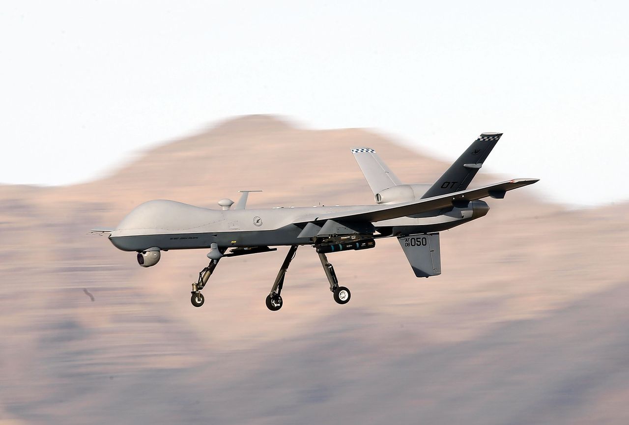 Een MQ-9 Reaper drone op een trainingsmissie in Nevada.