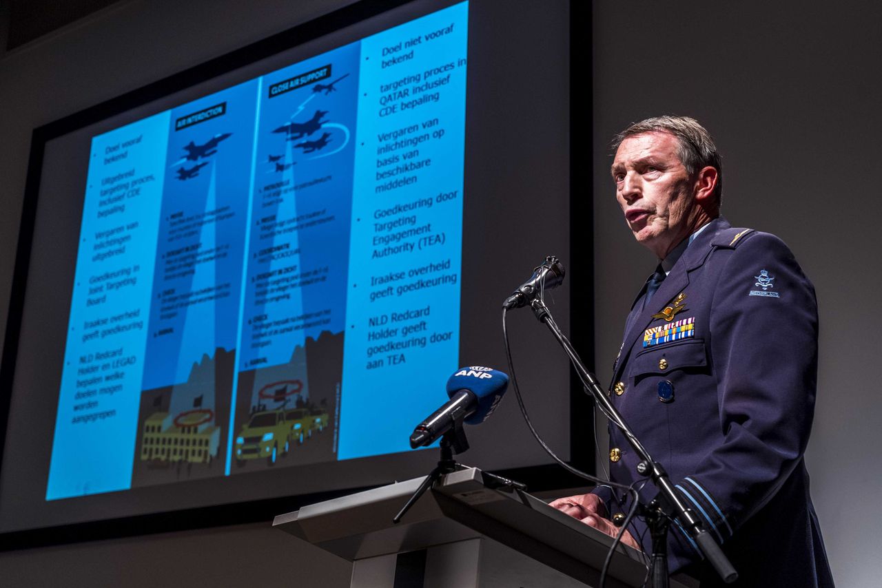 Kolonel-vlieger Peter Tankink bij de persconferentie maandag over de aanval van een Nederlandse F-16 op een autobommenfabriek van IS in het Iraakse Hawija in 2015. Hierbij vielen tientallen burgerdoden.