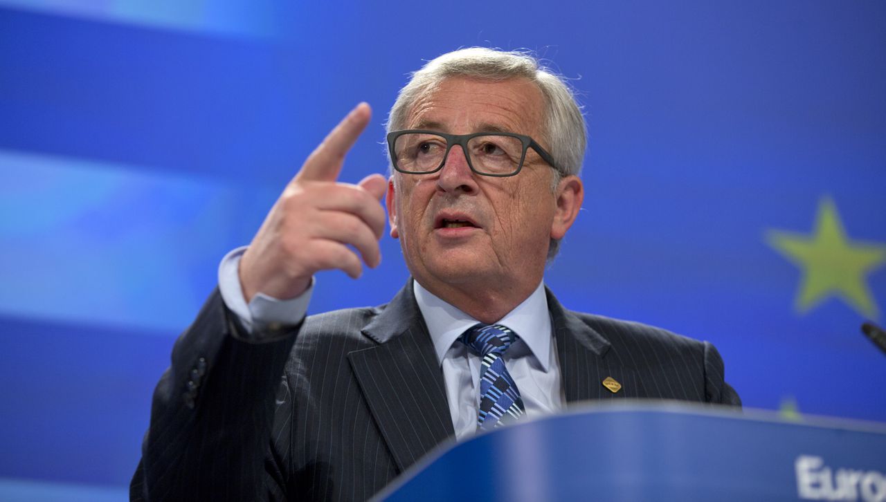 Europees Commissievoorzitter Jean-Claude Juncker tijdens de persconferentie vandaag in Brussel waar hij stevige woorden sprak over Griekenland.