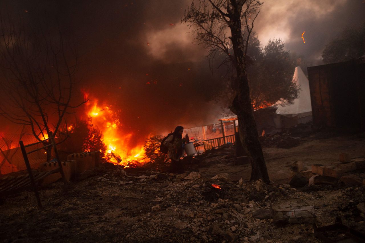 Brand in het Griekse kamp Moria op 9 september 2020.