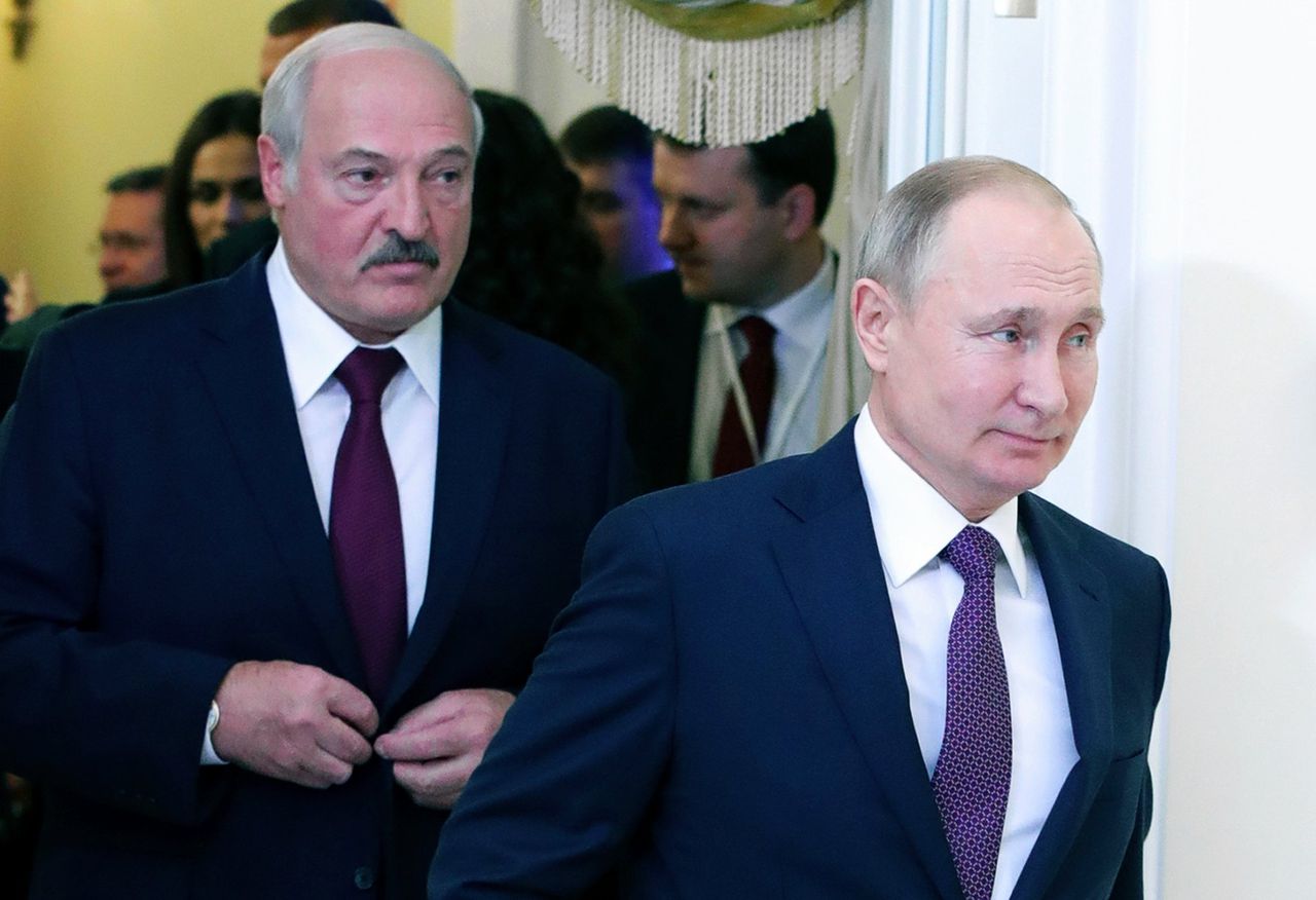 De Russische president Vladimir Poetin en de Wit-Russische president Aleksandr Loekasjenko voorafgaand aan een bijeenkomst december.
