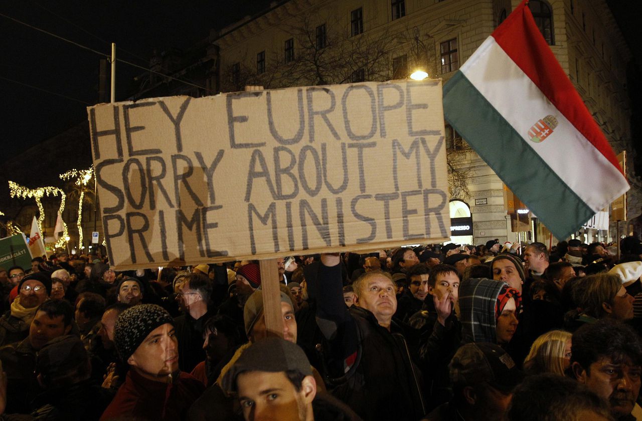 A man holds up a sign during a protest in central Budapest January 2, 2012. The demonstrators are protesting against the government and new Basic Law which replaced the country's constitution on January 1, in a show of angst at what they say is the ruling Fidesz party's heavy-handed policies. REUTERS/Laszlo Balogh (HUNGARY - Tags: POLITICS CIVIL UNREST)