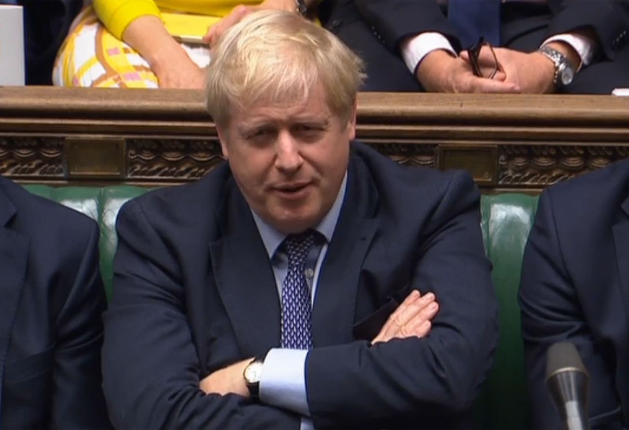 De Britse premier Boris Johnson zaterdag tijdens het Brexit-debat in het Lagerhuis.