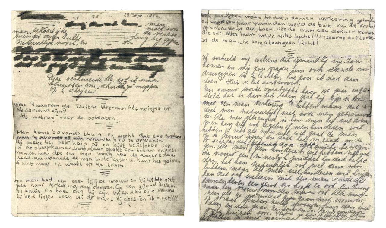 Afgeplakte pagina uit Anne Franks dagboek, waarop ze wat ondeugende moppen noteerde.