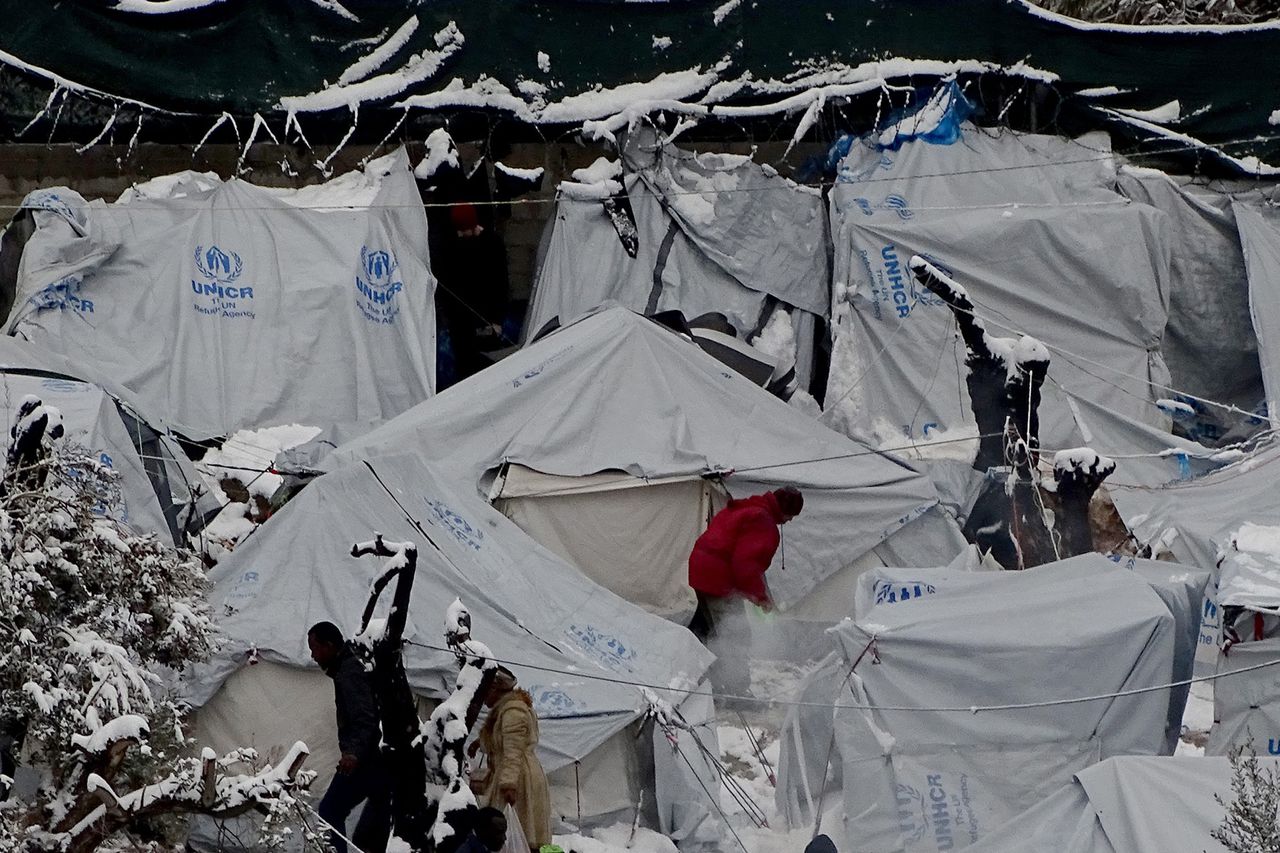 Hevige sneeuwval veroorzaakte in januari grote problemen in het vluchtelingenkamp Moria op Lesbos.