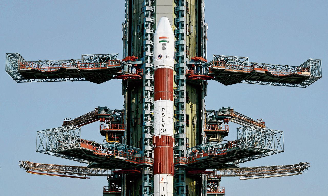 De lancering eerder dit jaar in Sriharikota van een Indiase raket met een militaire Emisat-satelliet.