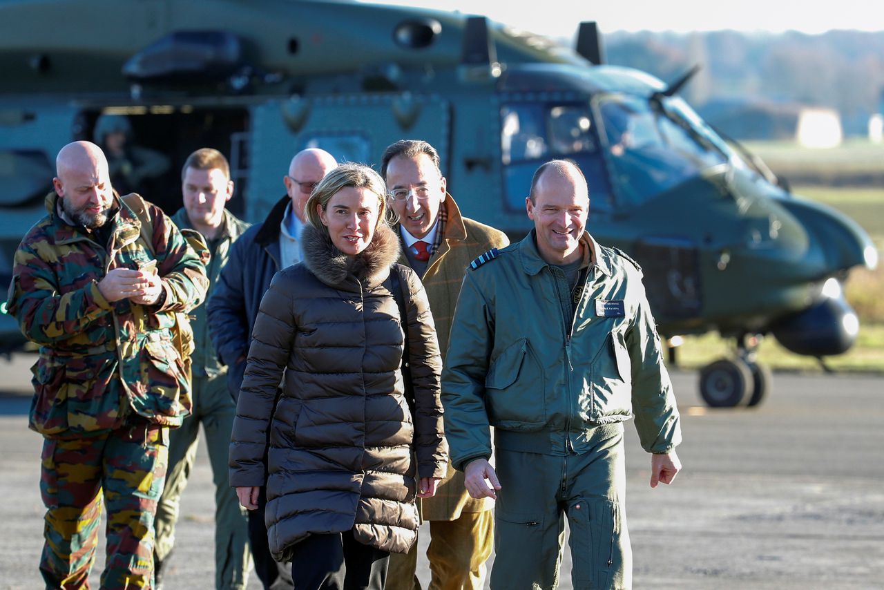 EU-buitenlandcoördinator Federica Mogherini komt aan in Florennes, België, voor aanvang van de legeroefening 'Black Blade' van verschillende EU-landen.