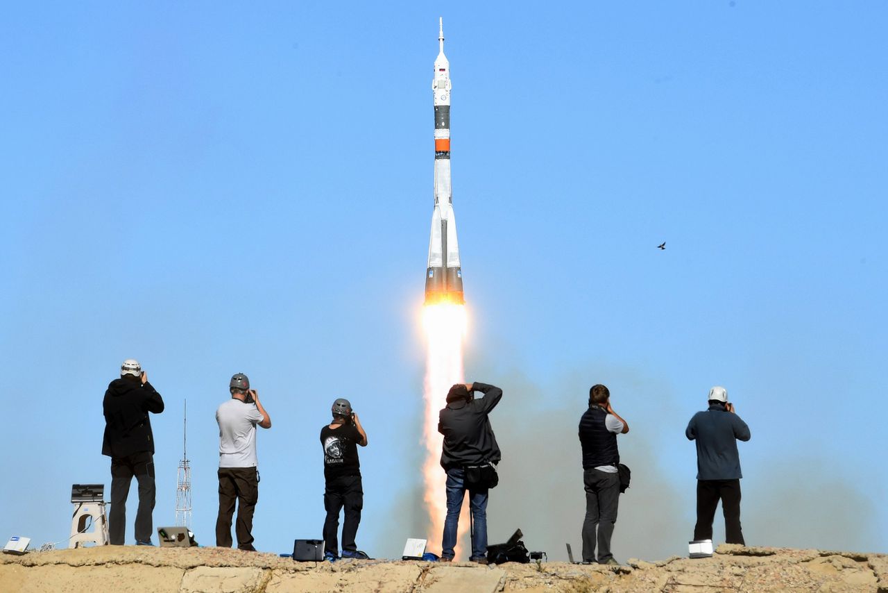 De Sojoez-raket bij de lancering donderdag.