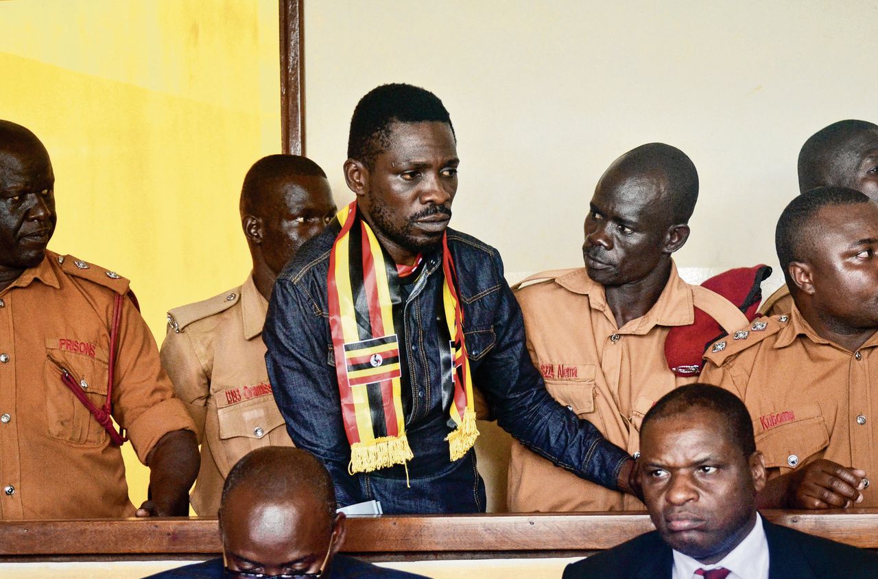 Bobi Wine in augustus in de rechtbank in Gulu, in het noorden van Oeganda.