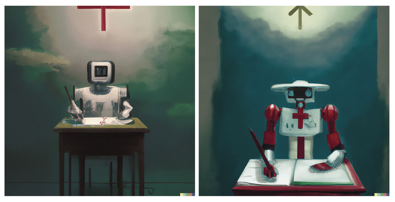 Deze tekeningen zijn gemaakt door Dall-E, een programma van OpenAI dat illustraties maakt op basis van tekst. Voor deze illustratie gaf NRC de volgende opdracht: ‘Maak een schilderij van een robot die schrijft’.