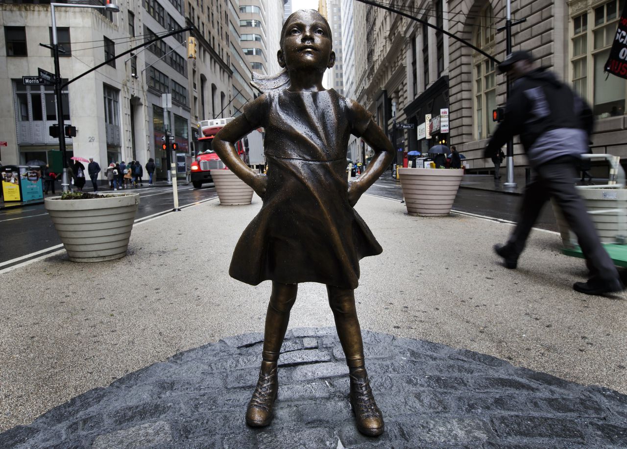 Het standbeeld Fearless Girl op Wall Street.