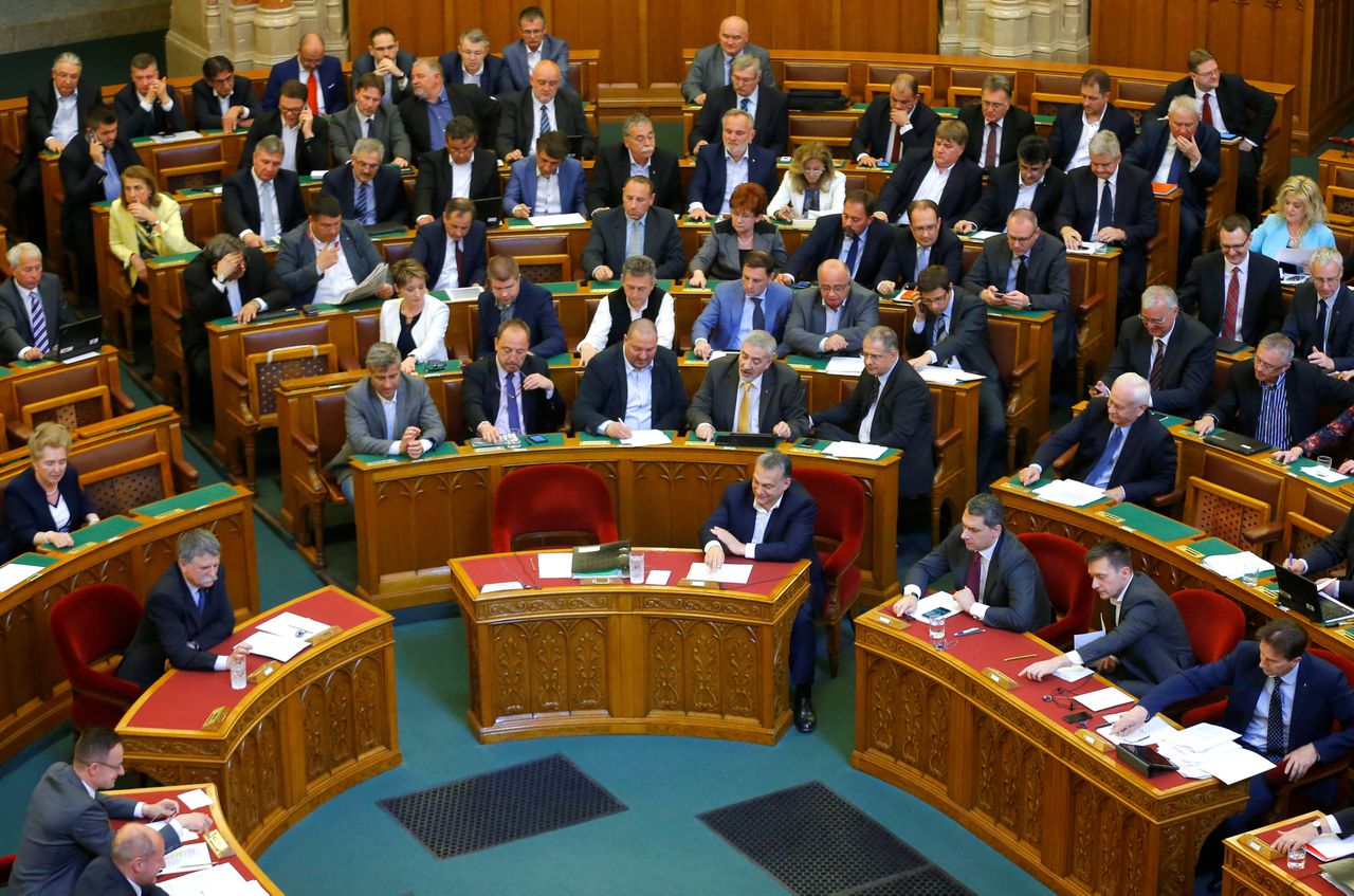 De Hongaarse premier Viktor Orban stemt voor het wetsvoorstel dat de regels voor universiteiten aanscherpt.