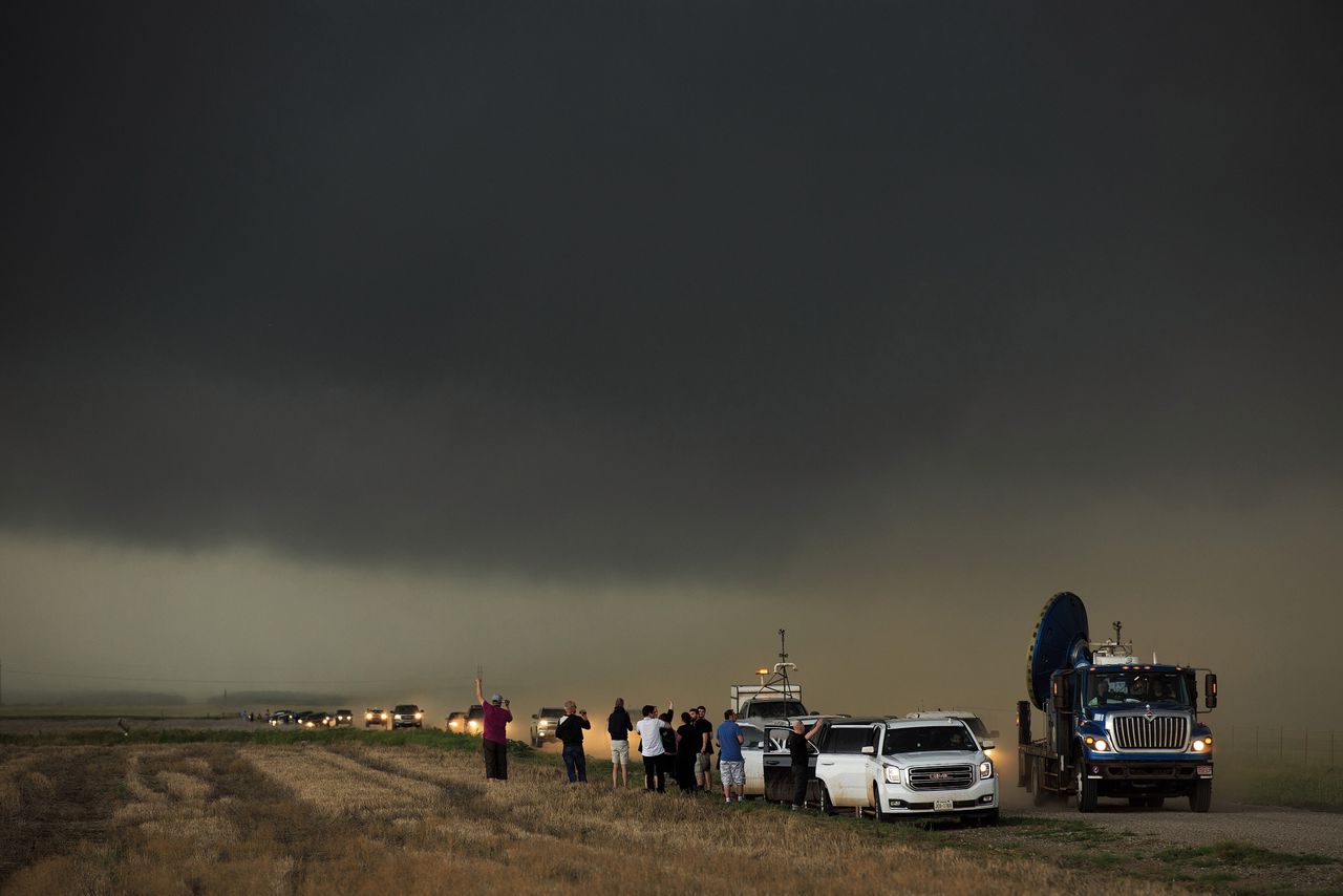 Een groep stormjagers in Oklahoma, Verenigde Staten, mei vorig jaar.