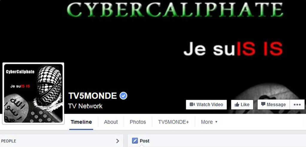 De Facebookpagina van de Franse televisiezender TV5 Monde nadat het is gehackt door aanhangers van IS.