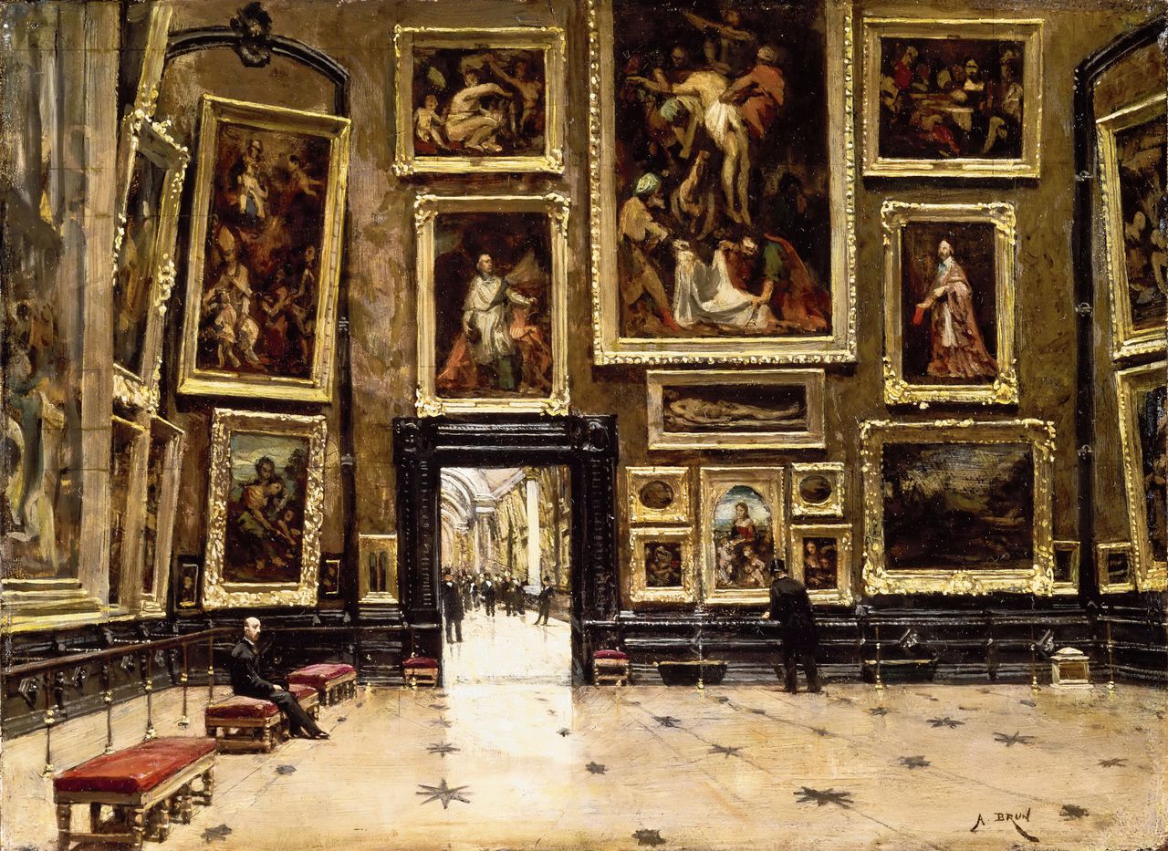 View of the Salon Carré, door Alexandre Jean-Baptiste Brun. Het schilderij hangt in het Louvre, Parijs.
